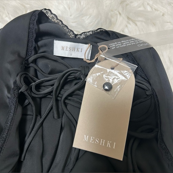NWT Meshki Size S Amiri Satin Mini Dress With Lace Black Open Back - Picture 12 of 16